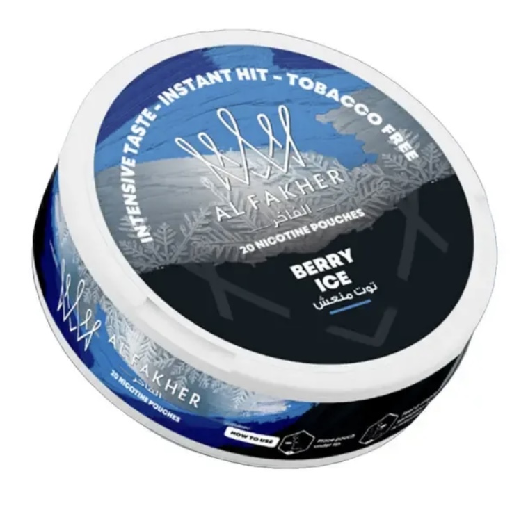 Tin of Al Fakher Berry Ice Nicotine Pouches with a Blue and White Design and Arabic Text on the Lid tobacco-free - Australia E-cigarette Store