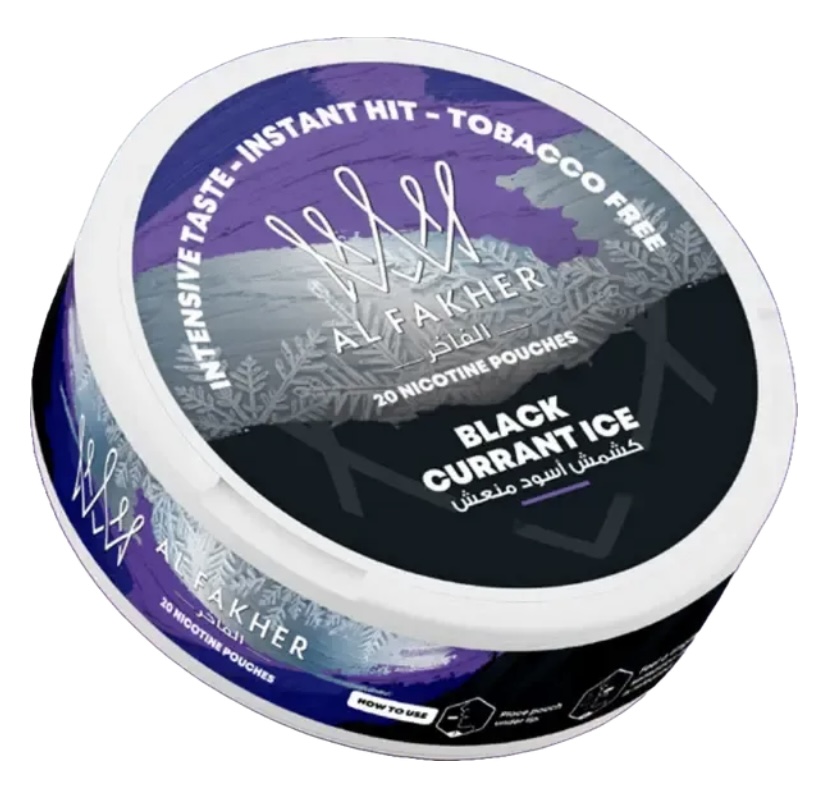 Tin of Al Fakher Black Currant Ice Nicotine Pouches with Purple-black Label and Arabic Text Notes 20 Nicotine Pouches - Australia E-cigarette Store