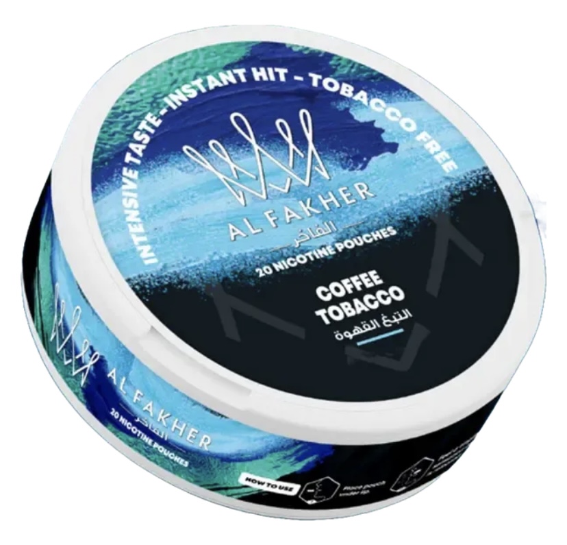 Round Tin of Al Fakher Coffee Tobacco Nicotine Pouches Tealblue Label and Arabic Text 20 Nicotine Pouches Included - Australia E-cigarette Store