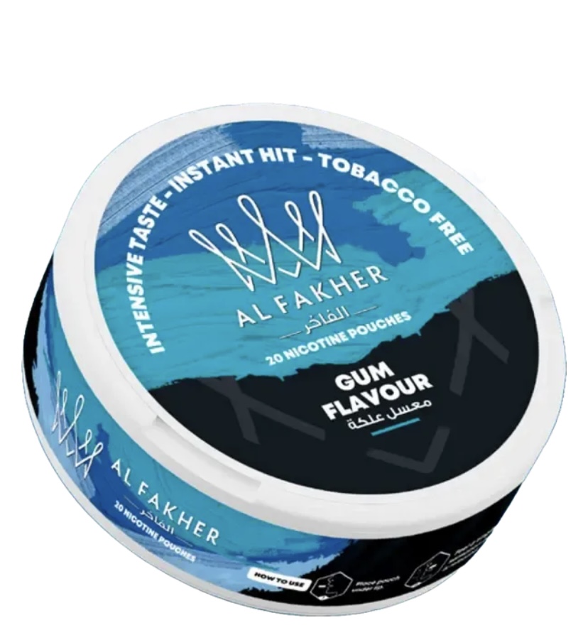 Round Blue Al Fakher Tin for Gum Flavour Nicotine Pouches Label Reads 20 Nicotine Pouches and gum Flavour with Arabic Text and Logo Signature on a Blue-to-black Gradient Background - Australia E-cigarette Store