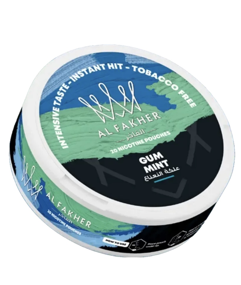 Al Fakher Gum Mint Nicotine Pouches Tin with Blue-green Label and White Lid 20 Pouches Inside - Australia E-cigarette Store