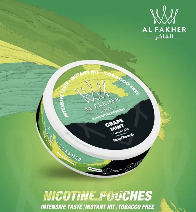 Al Fakher Grape Mint Nicotine Pouches Tin on a Green Background with the Logo and Flavor Clearly Shown - Australia E-cigarette Store