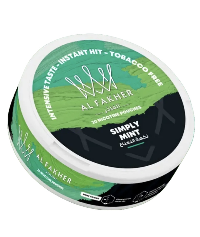 Round Tin of Al Fakher Simply Mint Nicotine Pouches with Green-to-black Label 20 Pouches Mint Flavor - Australia E-cigarette Store