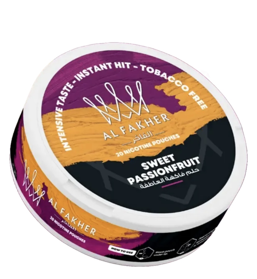 Tin of Al Fakher Sweet Passionfruit Nicotine Pouches with Purple and Orange Label Design on a White Background - Australia E-cigarette Store