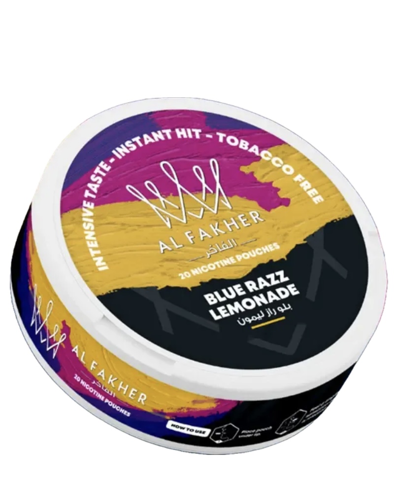 Round Tin of Al Fakher Blue Razz Lemonade Nicotine Pouches with a Colorful Purple-yellow-black Label Noting 20 Nicotine Pouches and tobacco-free - Australia E-cigarette Store