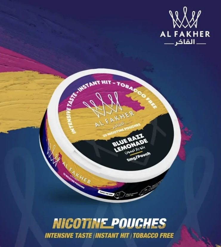 Al Fakher Nicotine Pouches Tin with Blue Raspberry Lemonade Flavor on a Colorful Brushstroke Background Showing nicotine Pouches and tobacco Free Text - Australia E-cigarette Store