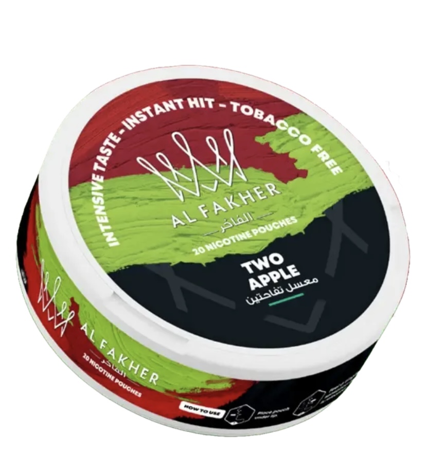 Circular Tin of Al Fakher Tobacco-free Nicotine Pouches Two Apple Flavor with Red Green and Black Label - Australia E-cigarette Store