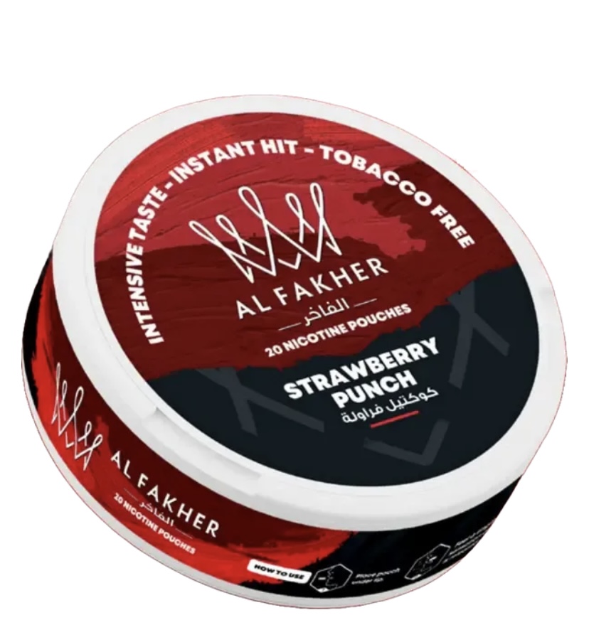 Circular Tin of Al Fakher Strawberry Punch Nicotine Pouches with Red and Black Label and White Lid Showing Brand Name and 20 Nicotine Pouches Text - Australia E-cigarette Store