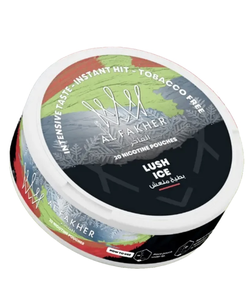 Tin of Al Fakher Lush Ice Nicotine Pouches with Colorful Wrap Instant Hittobacco-free Logo Visible on Lid - Australia E-cigarette Store