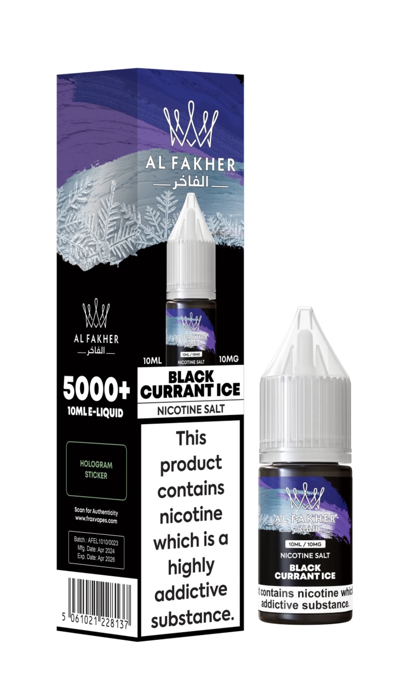 Box and Bottle of Al Fakher Black Currant Ice Nicotine Salt E-liquid Featuring Bold White Warning Label and Hologram Sticker on Black-purple Packaging - Australia E-cigarette Store