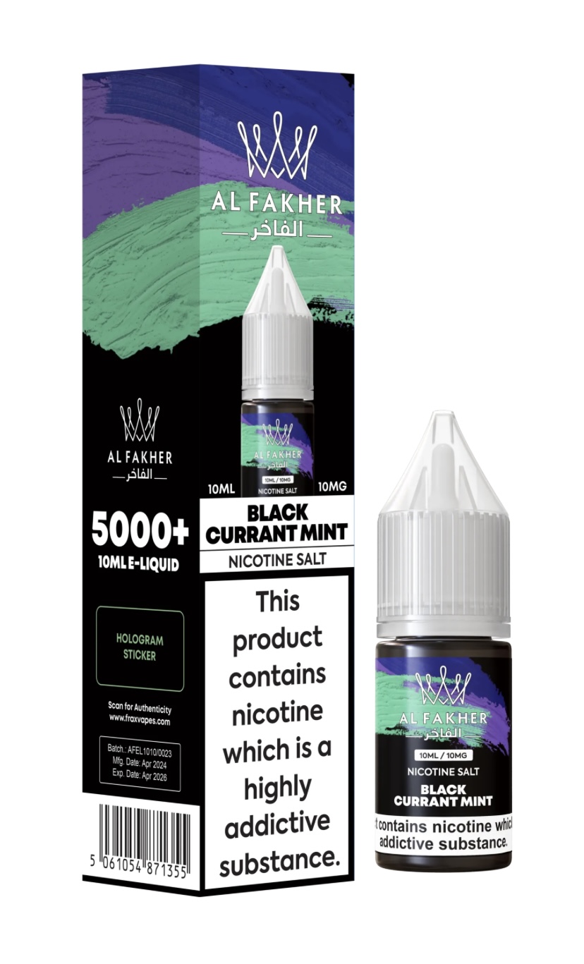 Al Fakher Nicotine Salt E-liquid Box and Bottle Labeled Black Currant Mint on White Background Shows 10 Ml Bottle Cap Image - Australia E-cigarette Store