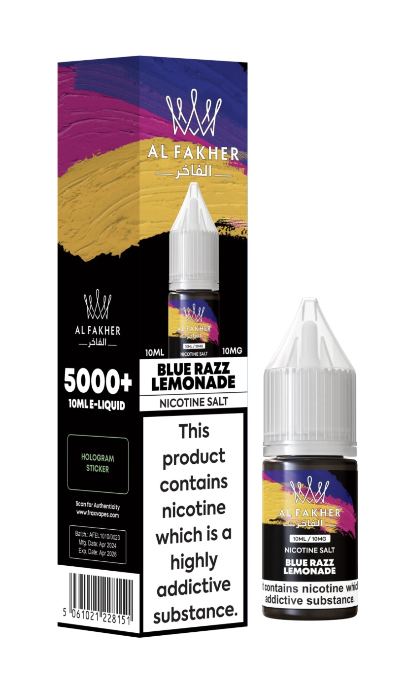 Front View of Al Fakher Blue Razz Lemonade Nicotine Salt E-liquid Box and Bottle 10 Ml with Large Warning Label About Nicotine Addiction and Bold Product Branding - Australia E-cigarette Store