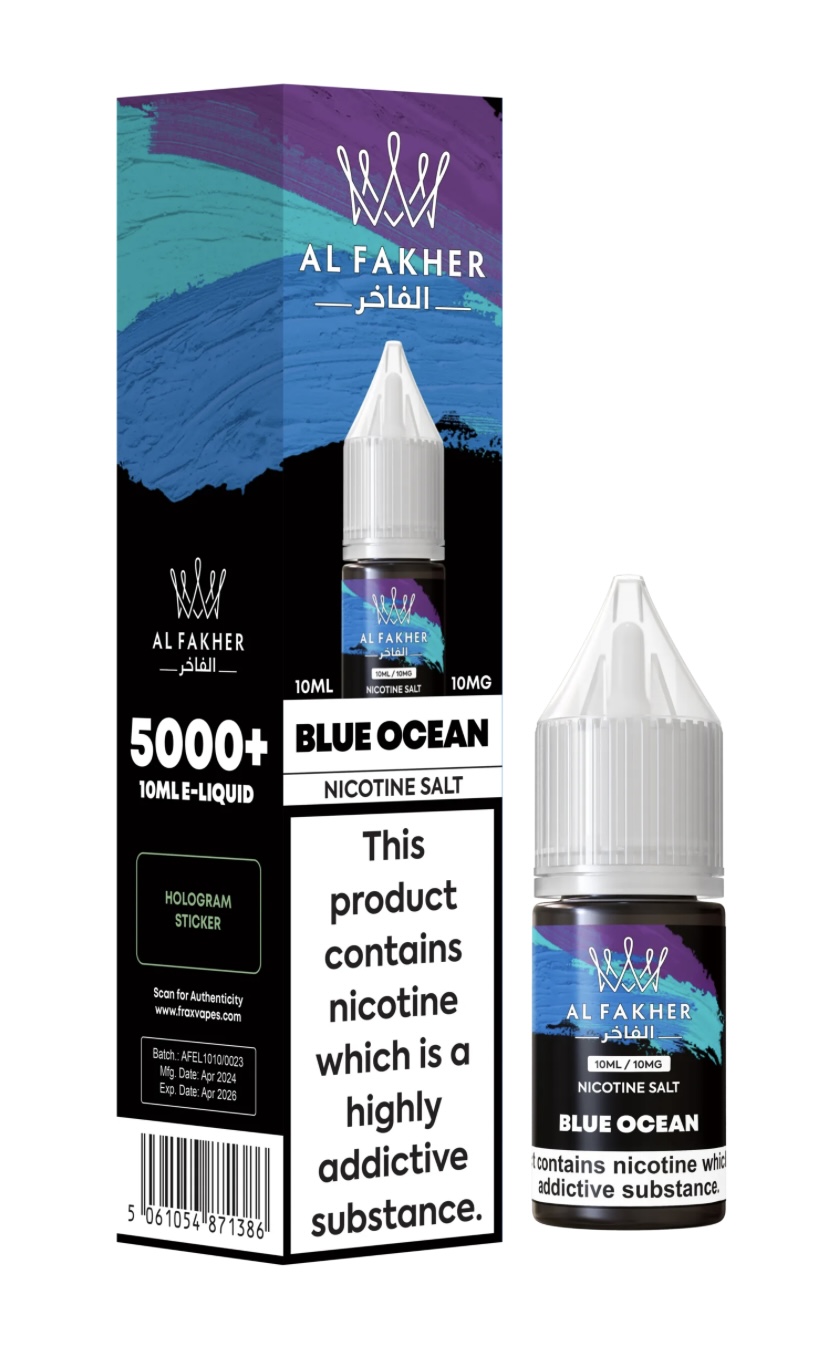 Blue Ocean Nicotine Salt E-liquid Box and Bottle Shows 10ml Bottle with Bluepurple Label and Bold blue Ocean Text on Packaging nicotine Product - Australia E-cigarette Store