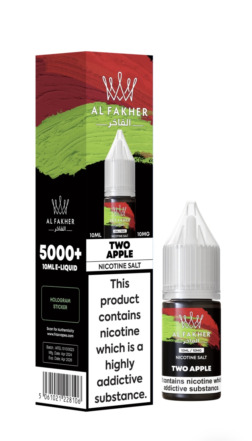Bottle of Al Fakher Two Apple Nicotine Salt E-liquid Next to Its Black and Color-splashed Box Including a Large this Product Contains Nicotine Warning Panel and Bold Branding - Australia E-cigarette Store