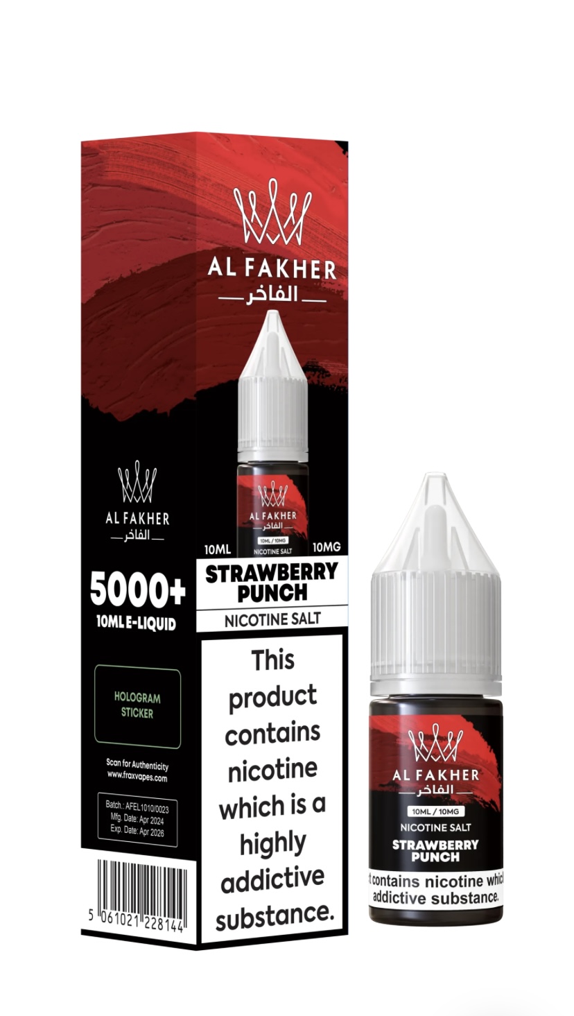Al Fakher Strawberry Punch Nicotine Salt E-liquid Bottle and Box 10 Mg Nicotine with Addiction Warning on the Label - Australia E-cigarette Store