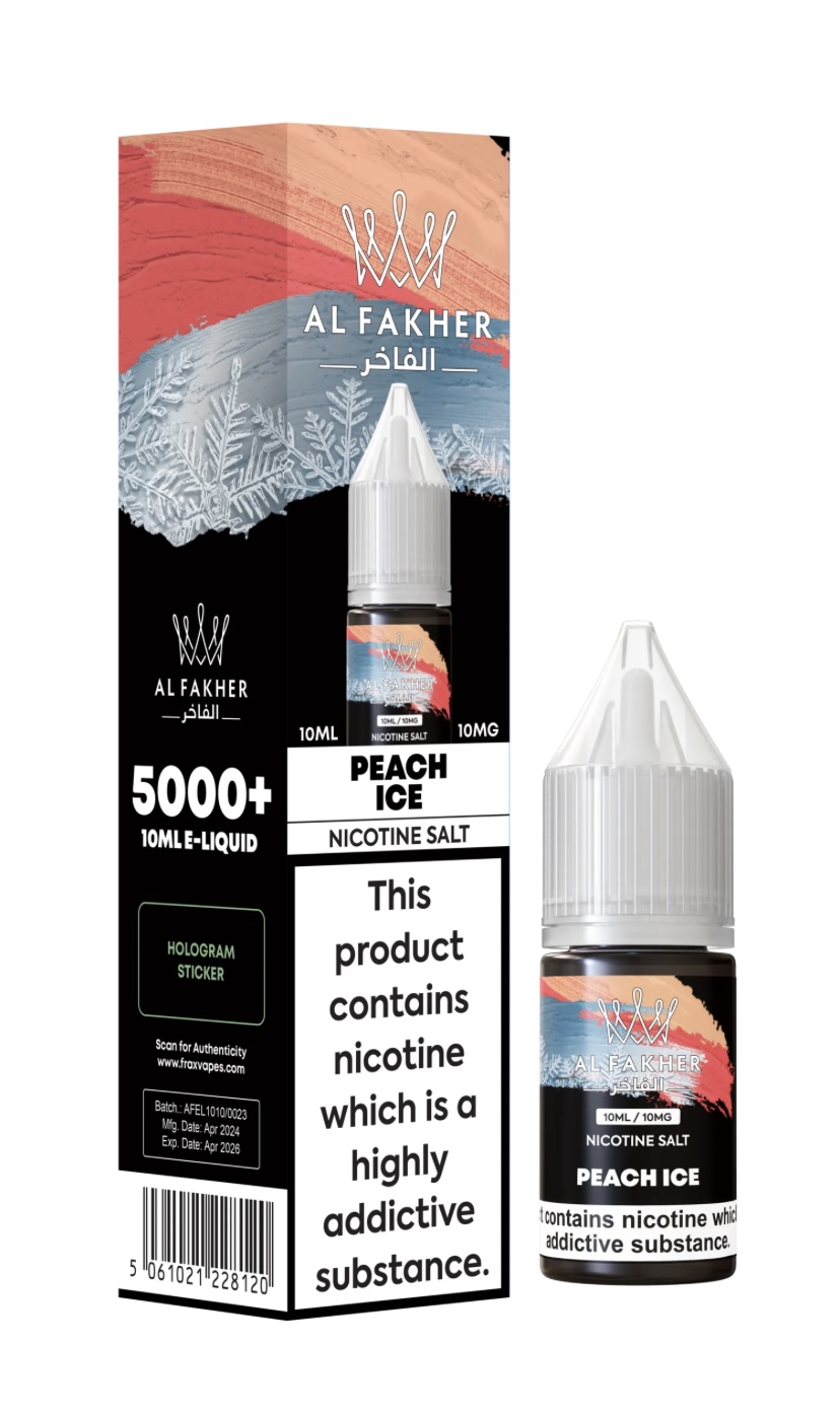 Box and Bottle of Peach Ice Nicotine Salt E-liquid by Al Fakher 10 Ml Bottle Shown Beside Packaging Contains 5000+ Dosage Info and this Product Contains Nicotine Warning - Australia E-cigarette Store