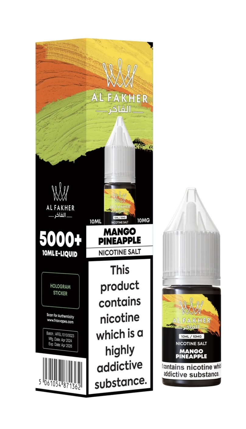 Eliquid Packaging and Bottle for Al Fakher Mango Pineapple Nicotine Salt Bold Warning Text States Nicotine is Highly Addictive with Colorful Top Artwork on the Box - Australia E-cigarette Store
