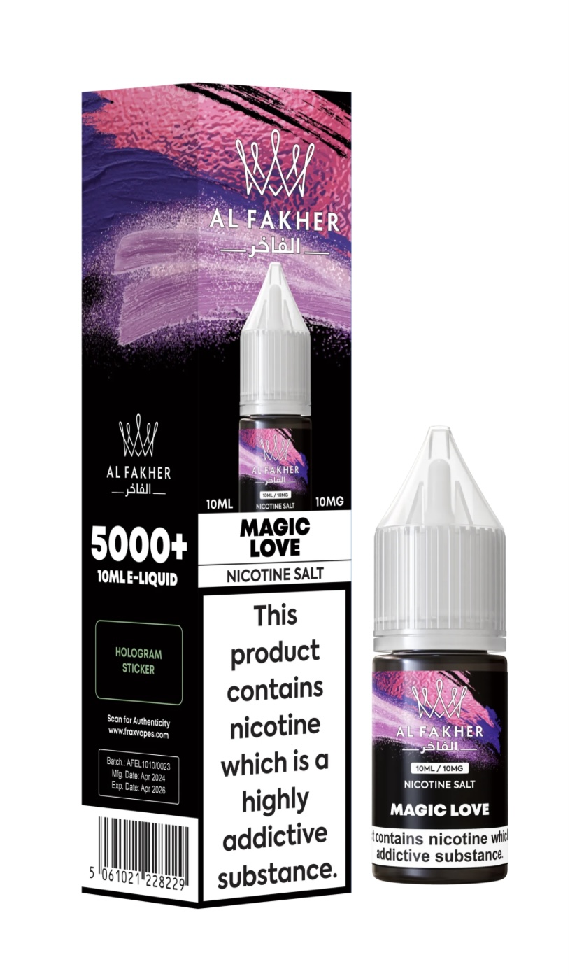 Box and Small Bottle of Al Fakher Magic Love Nicotine Salt E-liquid with Pink-purple Abstract Artwork Warning Label Notes Nicotine is Highly Addictive - Australia E-cigarette Store
