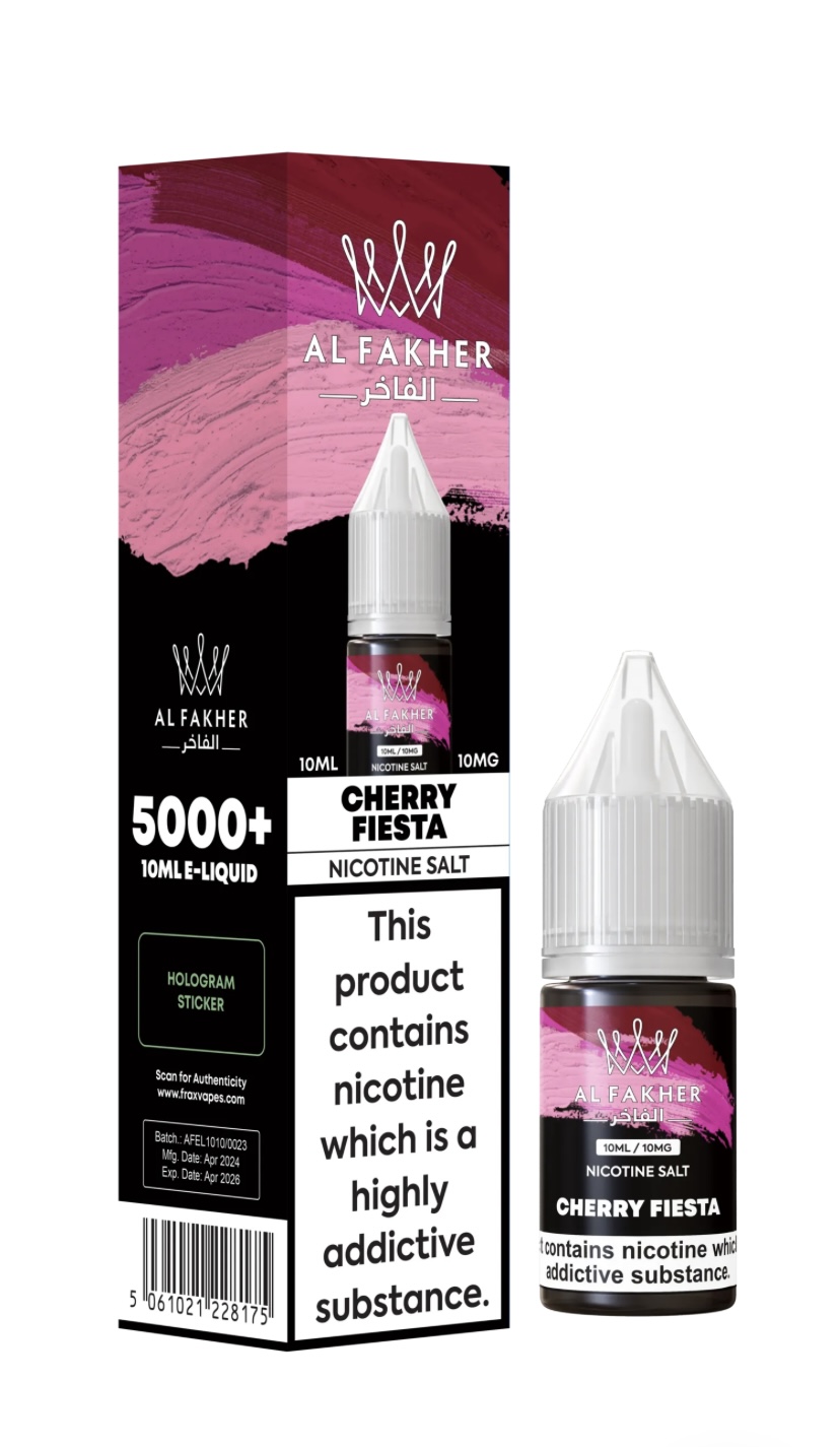 Cherry Fiesta Nicotine Salt E-liquid Bottle Next to Its Pink-black Box Featuring Bold Warning Text and a Barcode on the Box - Australia E-cigarette Store