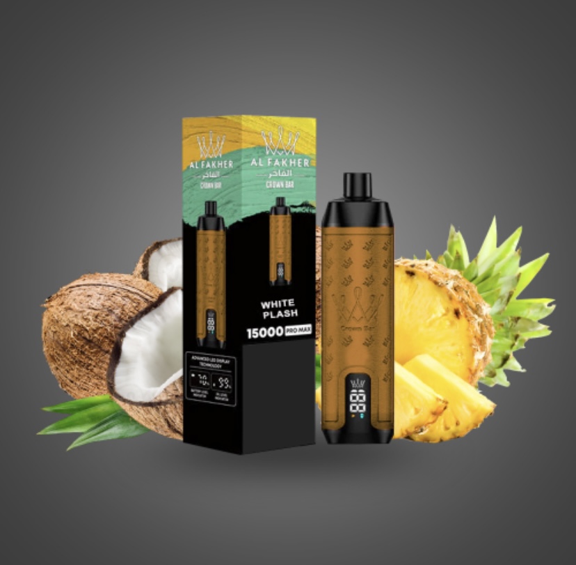 Vape pen beside its box, with coconut and pineapple slices in the tropical background