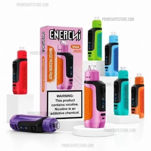 Assortment of colorful vape pens and a pink Enercig box on a white background set on display stands.