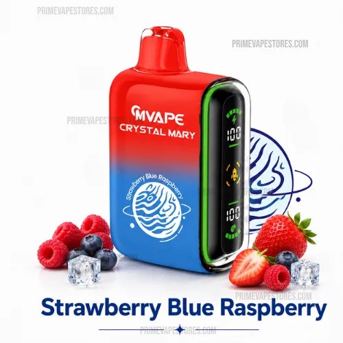 Disposable vape device with red-to-blue gradient, labeled MVAPE Crystal Mary—Strawberry Blue Raspberry, surrounded by berries and ice.
