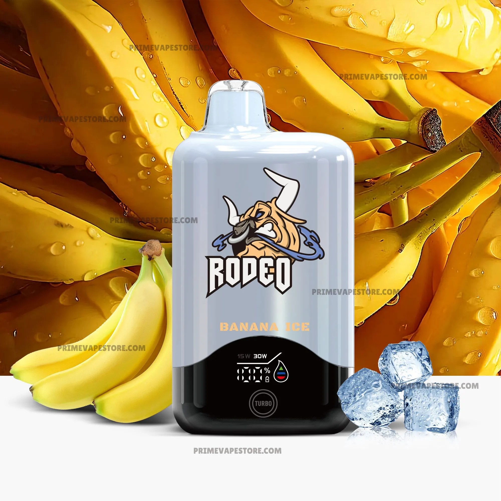 Vape juice bottle with a bull-logo label, Banana Ice flavor, set against a background of ripe bananas.