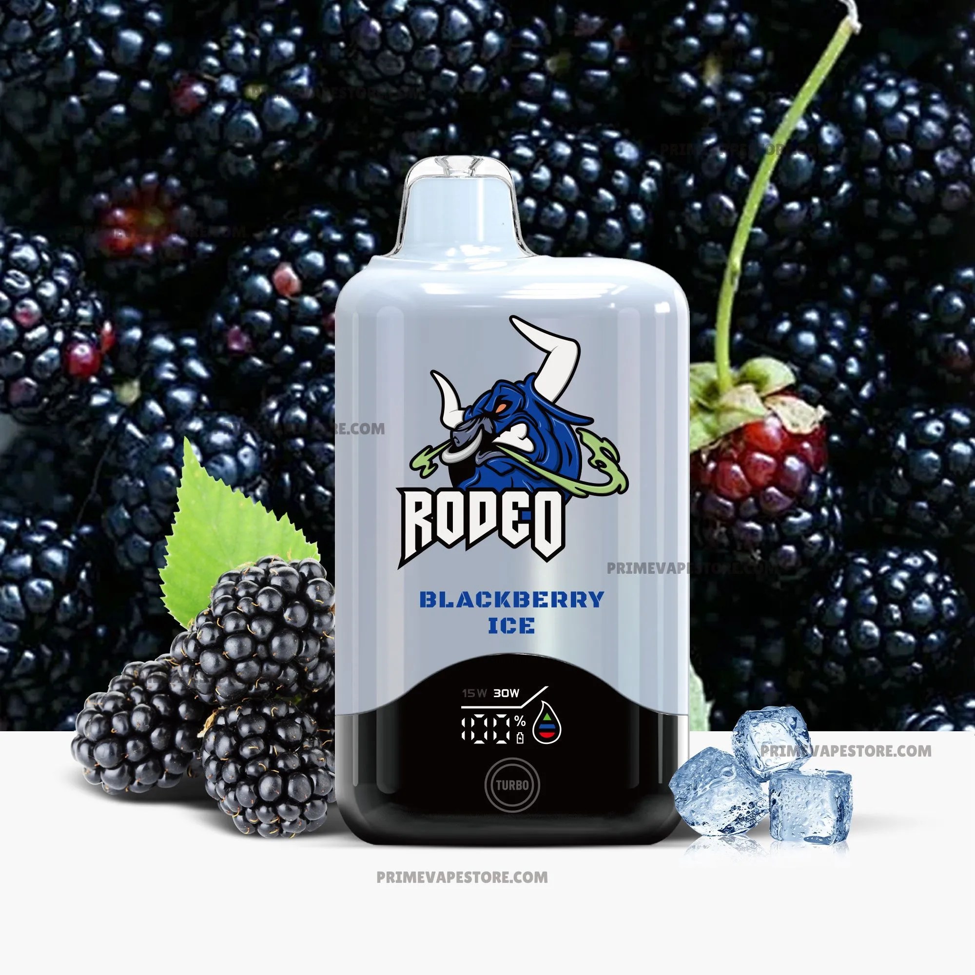 Vape juice bottle with a blue dragon logo and Blackberry Ice flavor, set against a background of blackberries and vines.