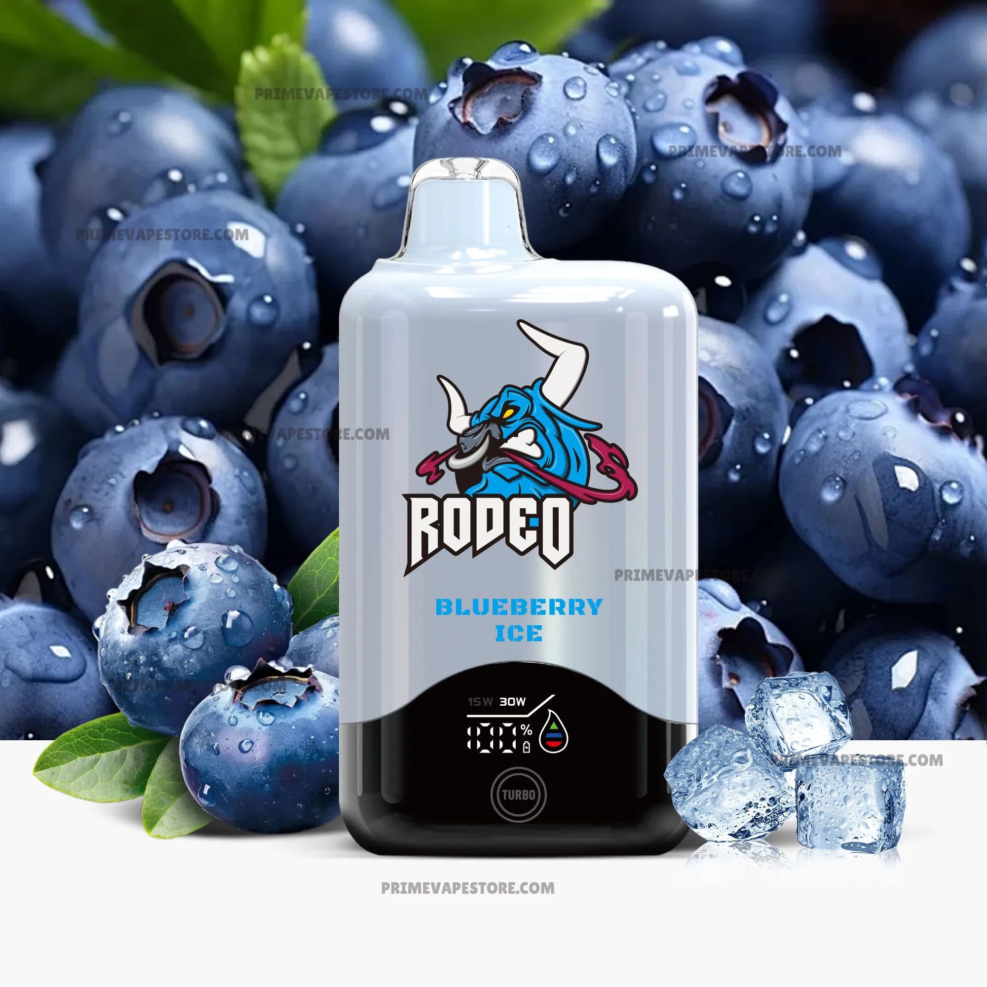 Vape bottle with a blue dragon logo in front of blueberries, product shot chosen for marketing