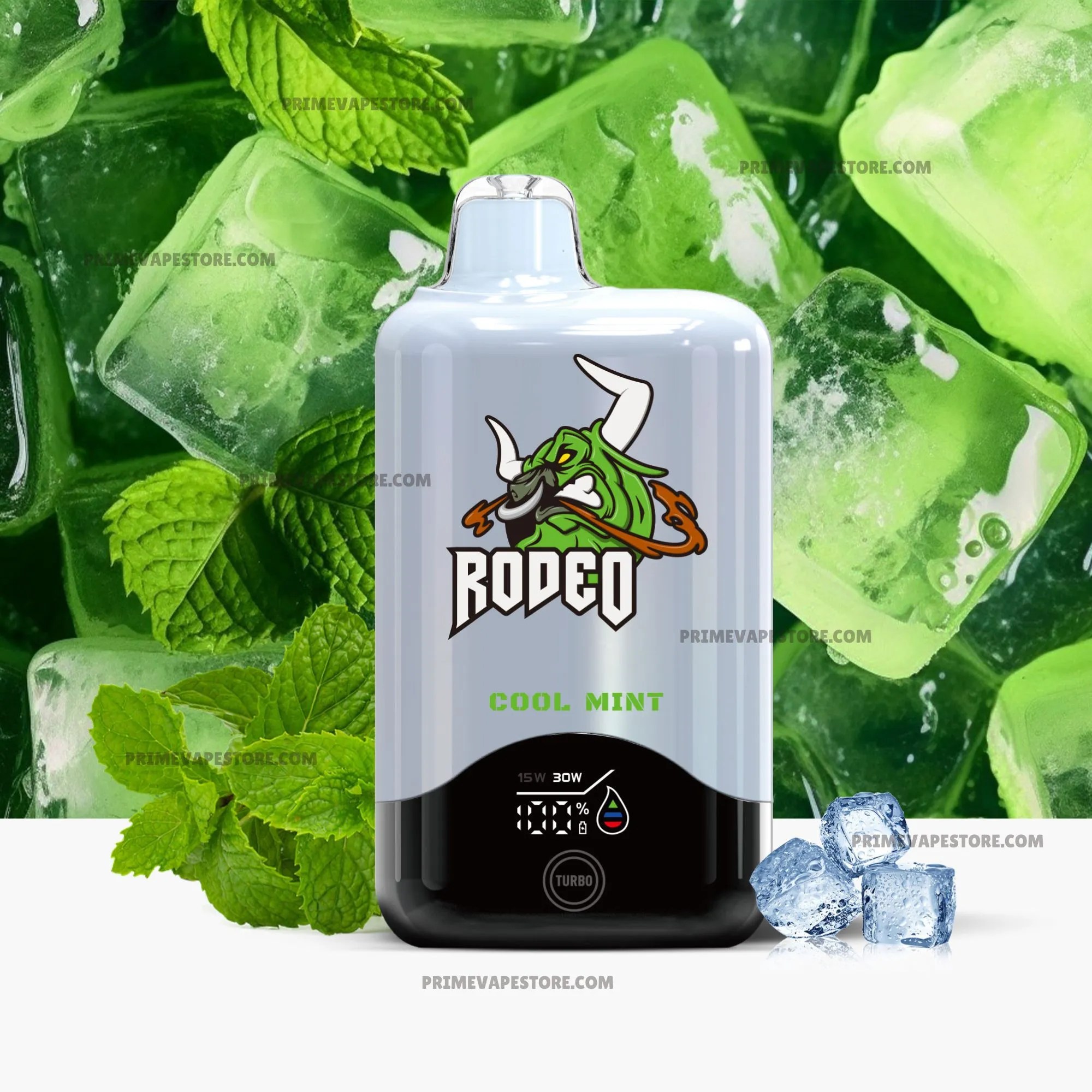 Silver vape mod with a green dragon logo and COOL MINT label, set against mint leaves in the background.