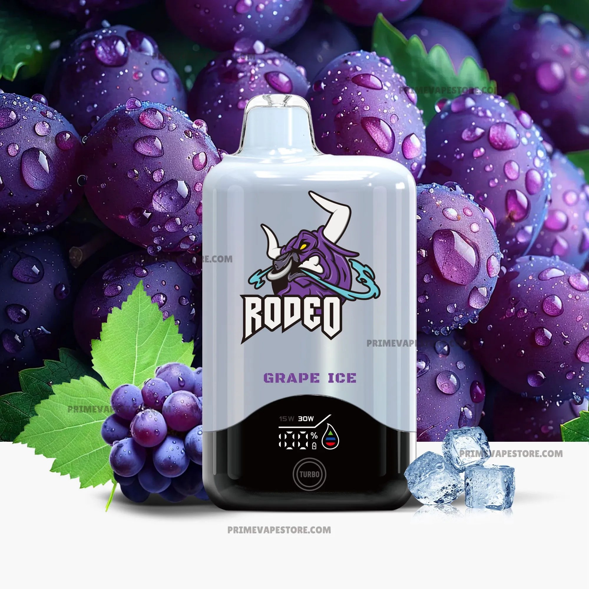 E-cigarette bottle with dragon logo in foreground, grape ice flavor, purple grape cluster background.