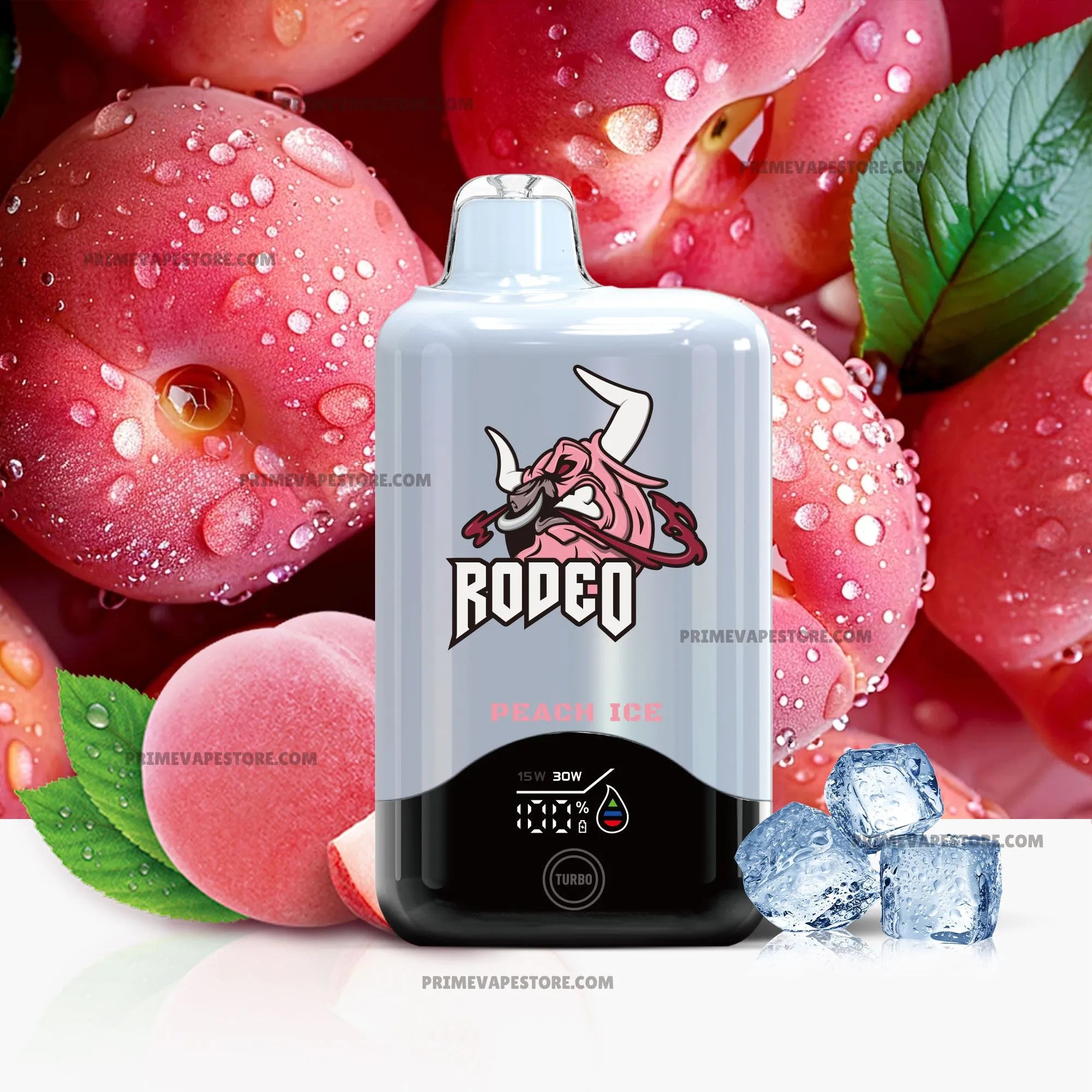 Vape juice bottle with peach ice flavor label in front of peaches and ice cubes, promotional background.