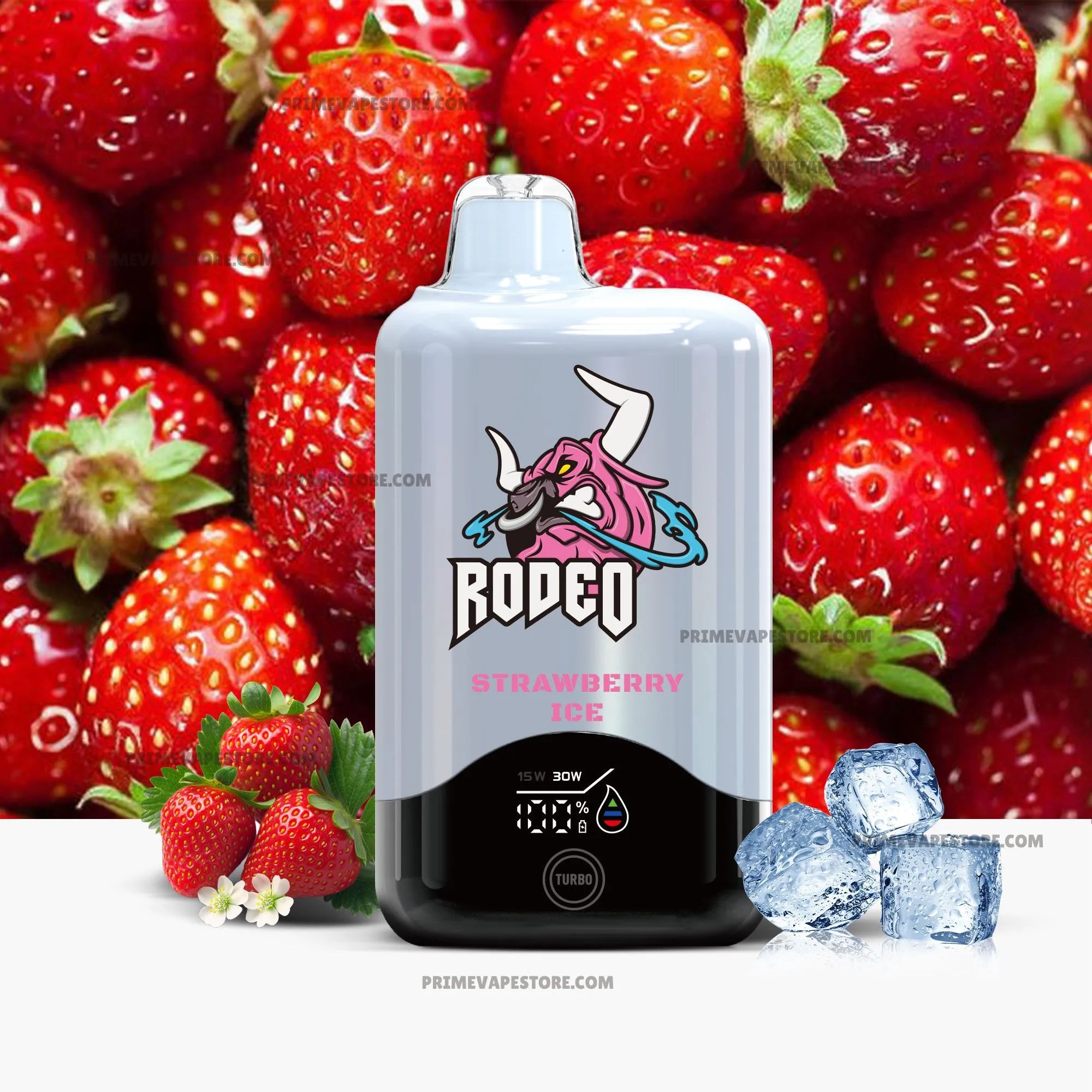 Vape bottle with a pink unicorn graphic in front of a strawberry collage, labeled Strawberry Ice flavor.