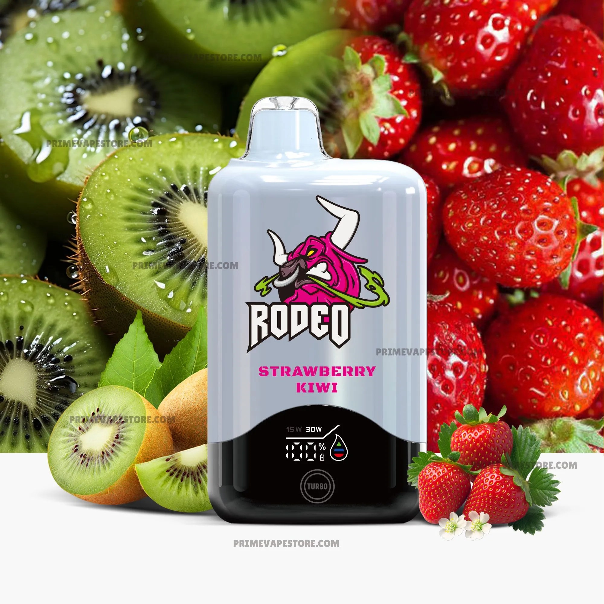 Vape bottle with colorful dragon logo in front of kiwi and strawberry fruit background, flavor Strawberry Kiwi.