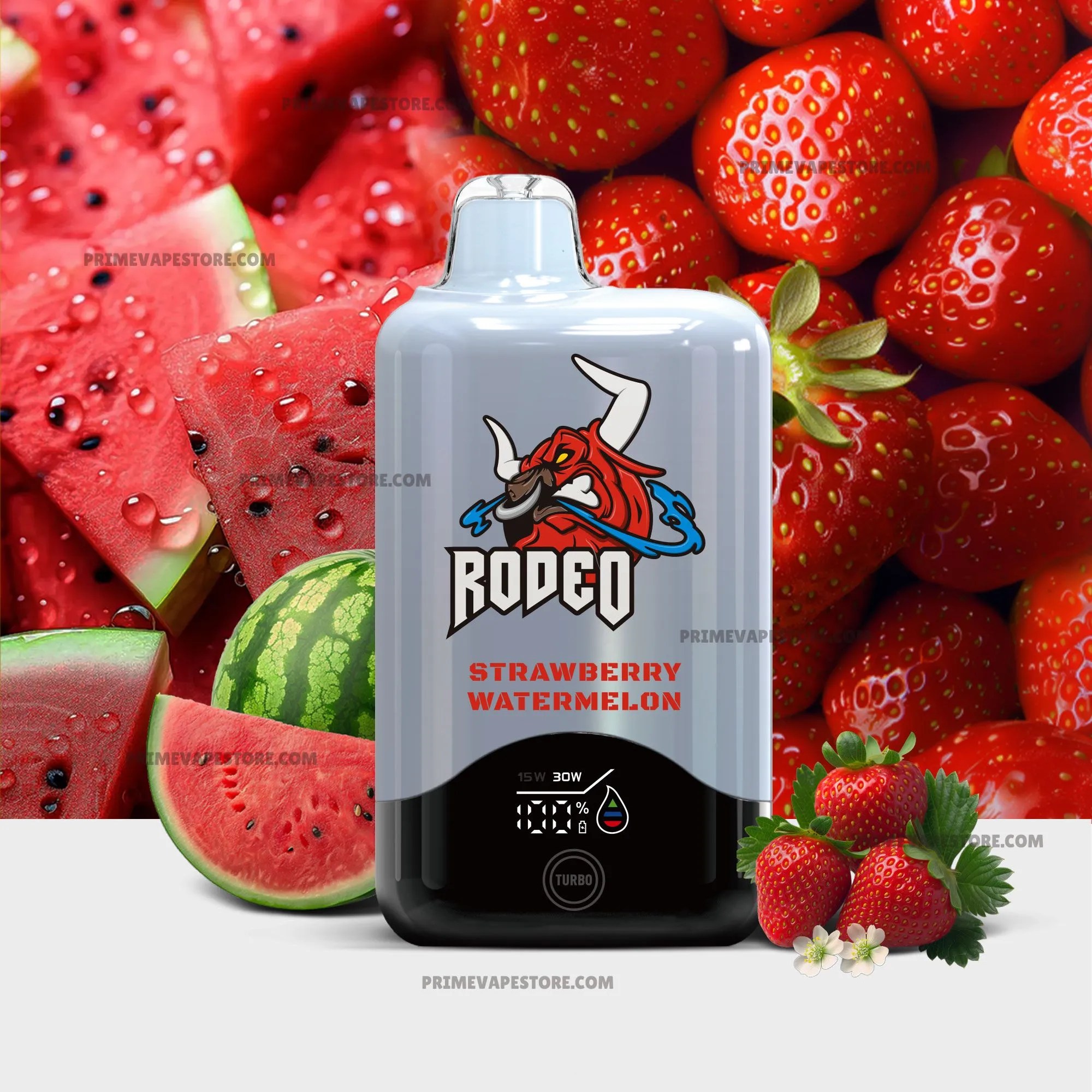Vape device with a red bull logo on a gray body, set against a background of sliced watermelon and strawberries, flavor Strawberry Watermelon.