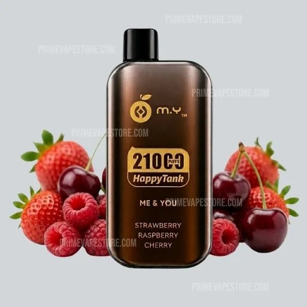 Vape Juice Bottle Labeled 2100 Puffs Happytank Surrounded by Strawberries Raspberries and Cherries - Australia E-cigarette Store