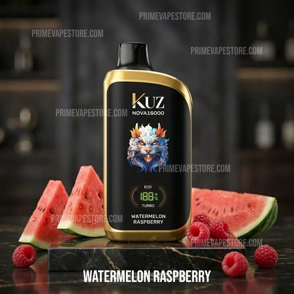KUZ Nova16000 vape device with black/gold casing, Watermelon Raspberry flavor, flanked by watermelon chunks and raspberries.