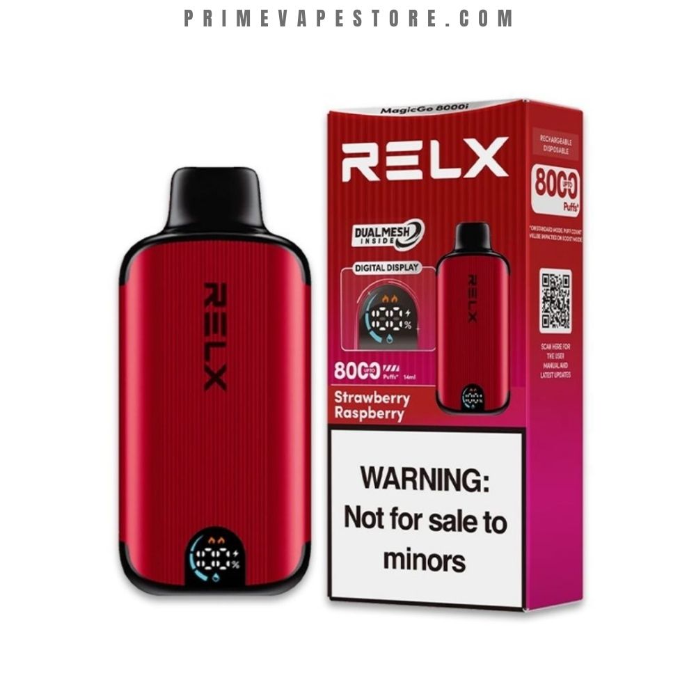 Red RELX vape device next to its pink packaging, labeled Strawberry Raspberry flavor, with a prominent 'Not for sale to minors' warning.