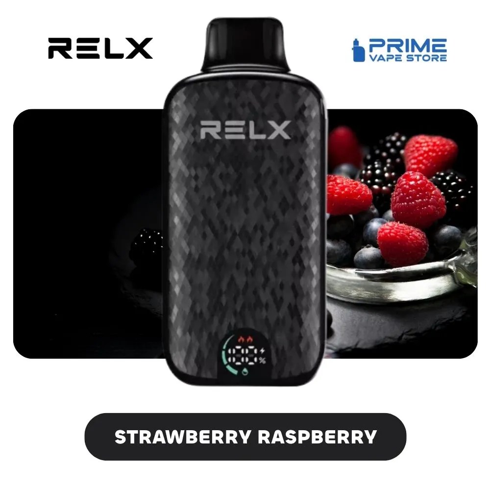 Relx Vape Device with Textured Black Body in Front of a Berry Background Flavor Label Says Strawberry Raspberry - Australia E-cigarette Store