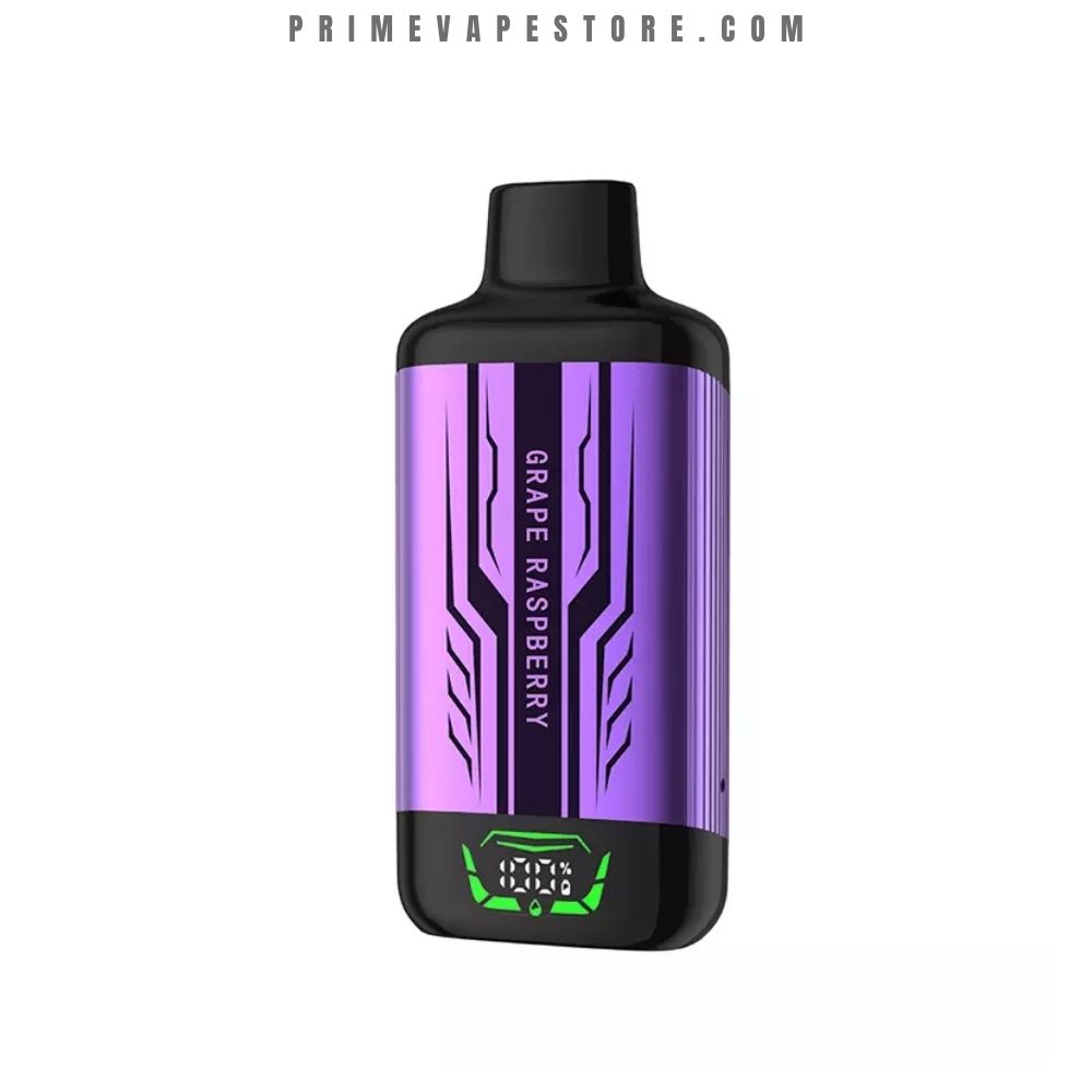 Purple vape mod with black ends, label reads 'GRAPE RASPBERRY' and a small green digital display at the bottom.