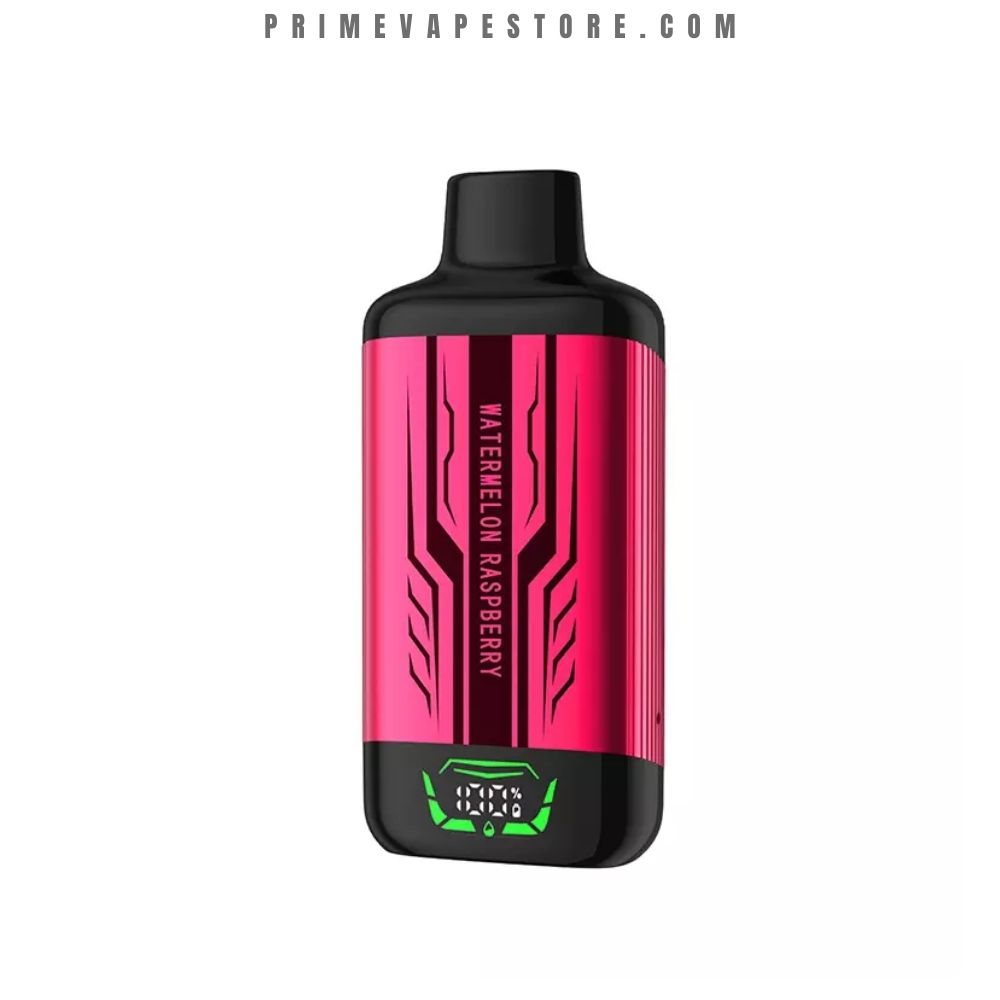 Pink and black vape mod with a pink patterned panel and a small digital display at the bottom, labeled Watermelon Raspberry