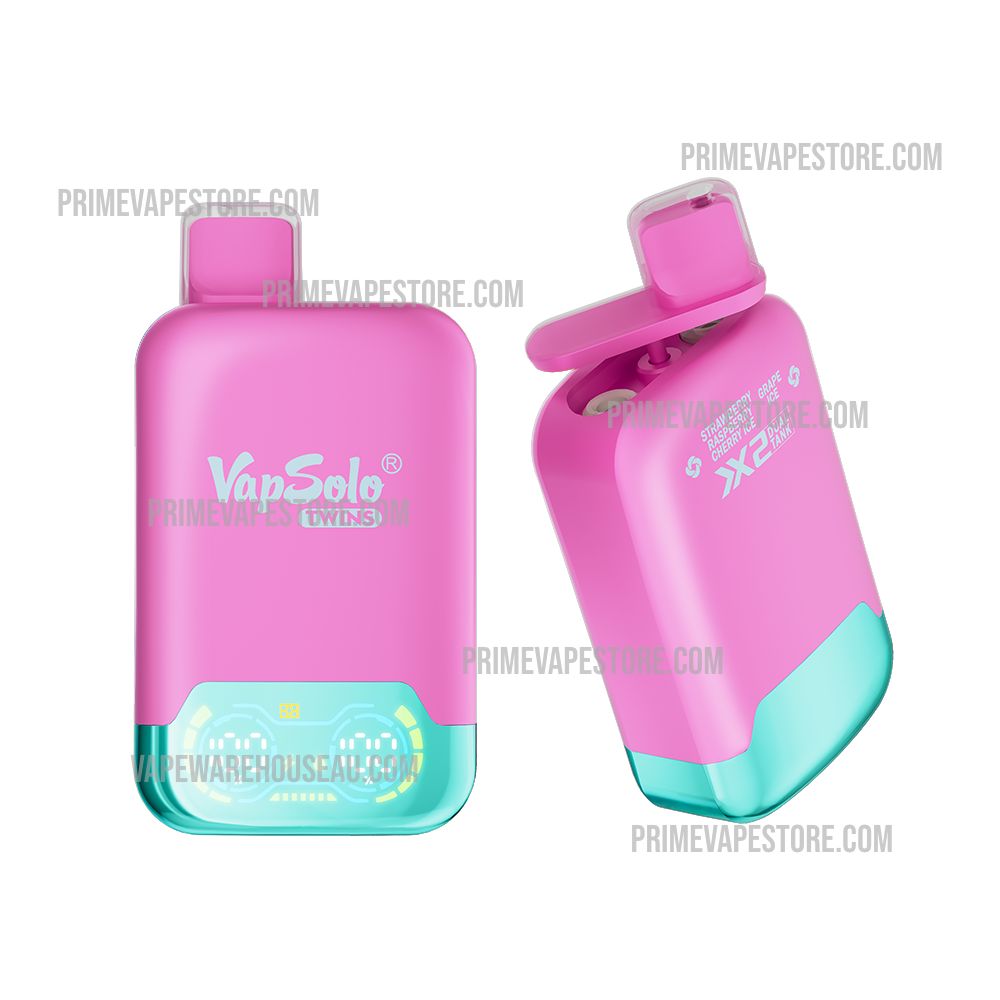 Pink rectangular vape pod with turquoise base and open lid, showing VapSolo Twins branding.