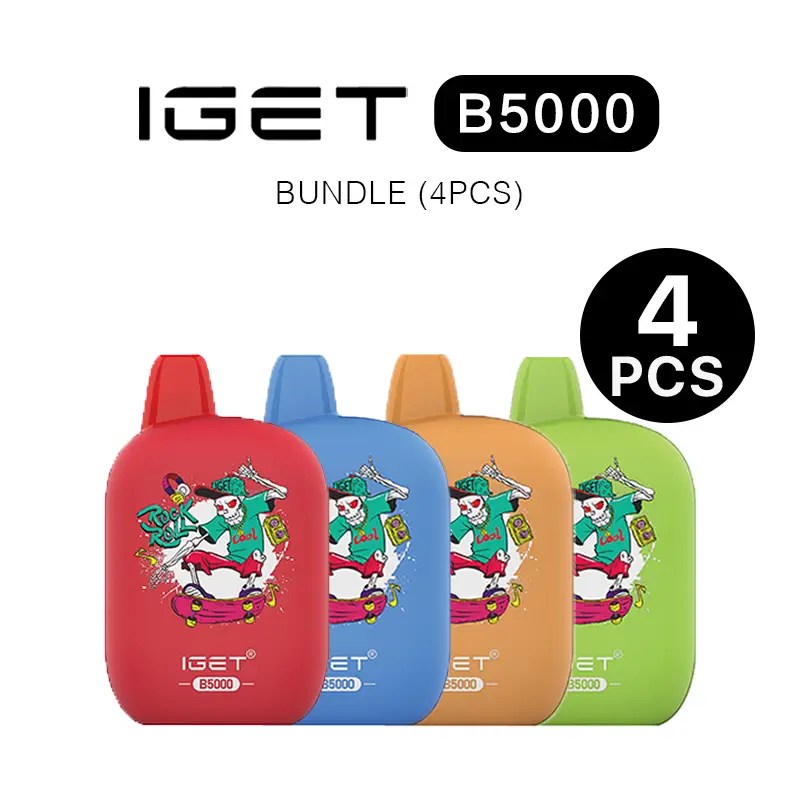 IGET B5000 four-pack bundle: four colorful vape pods in red, blue, orange, and green with cartoon artwork.