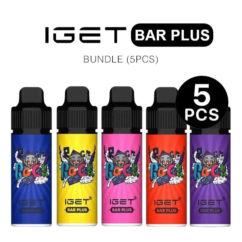 Five Iget Bar Plus Vape Juice Bottles in Blue Yellow Pink Orange and Purple Forming a 5-piece Bundle - Australia E-cigarette Store