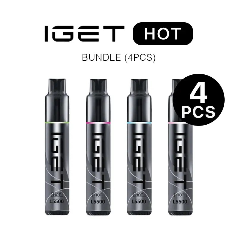 Bundle of Four Iget Hot L5500 Disposable Vape Pens with Colored Rings Labeled 4 Pcs - Australia E-cigarette Store