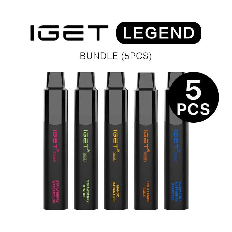 Bundle of Five Iget Legend Disposable Vape Pens in Different Flavors Strawberry Watermelon Strawberry Kiwi Mango Banana Ice Cool Lemon Soda and Blueberry Grape Ice 5pcs Labeled - Australia E-cigarette Store