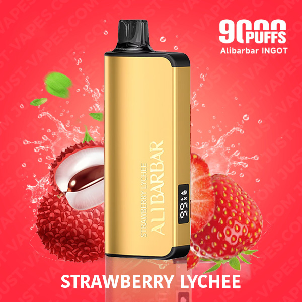 Gold Vape Pod Device with Black Top Labeled strawberry Lychee Against a Red Background with Strawberry and Lychee Imagery - Australia E-cigarette Store