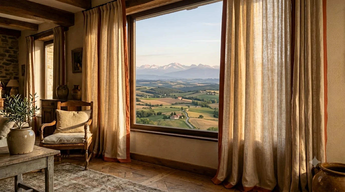 Photographie d'intérieur, salon lumineux avec des rideaux en lin beige naturel aux tons chauds avec un liseré terracotta, tissu fluide avec de beaux plis élégants, grande fenêtre donnant partiellement sur une vue panoramique des Pyrénées avec collines verdoyantes et ciel bleu, lumière dorée de fin d'après-midi filtrant à travers le tissu, intérieur rustique de campagne française, parquet en bois, atmosphère chaleureuse et artisanale, faible profondeur de champ