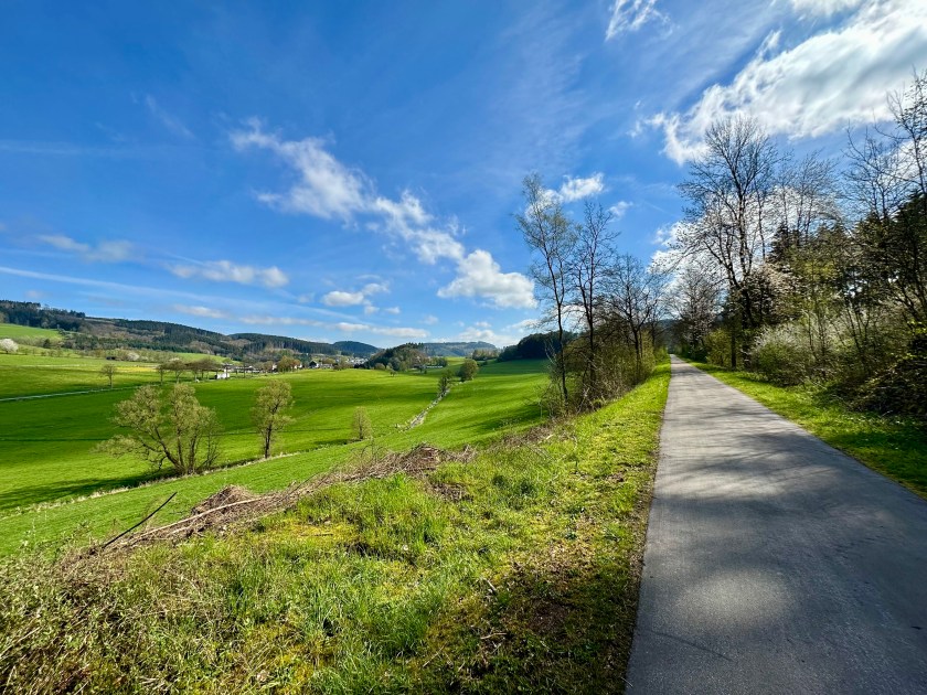Radweg des SauerlandRadrings durch offene Landschaft mit Bergen