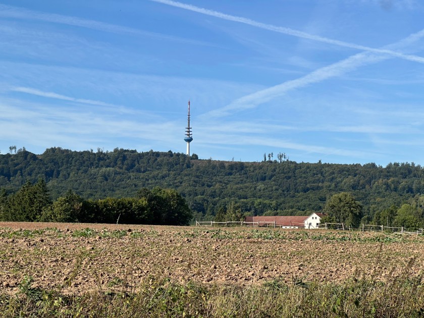 Panoramablick auf die Egge mit Funkturm und bewaldeten Höhenzügen